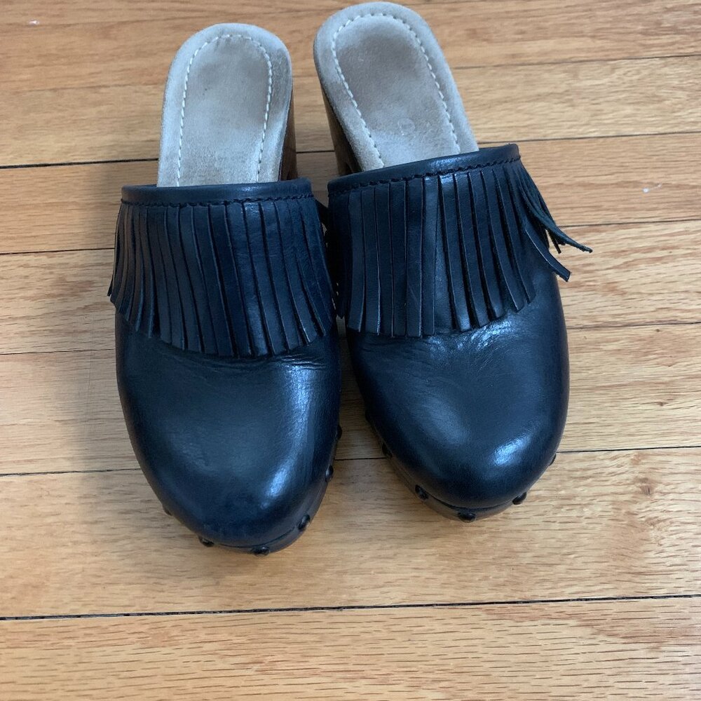 Black Leather Clogs with Wood Heel